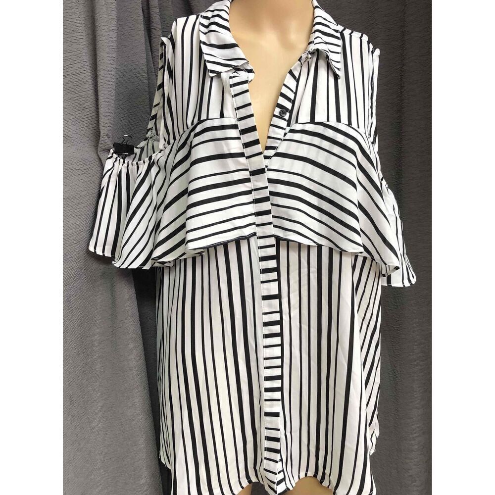 NY Collections Black Vertical Stripes Ruffle cold shoulder Blouse Size M